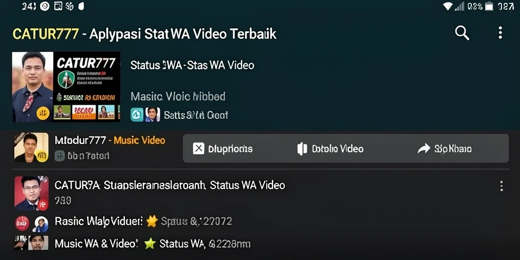 Antarmuka aplikasi CATUR777 menampilkan berbagai pilihan video status WA yang menarik.
