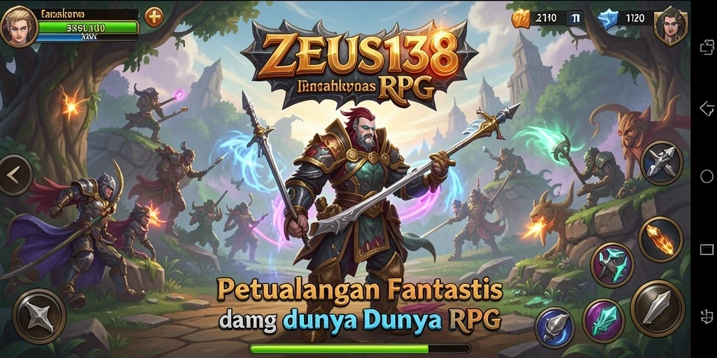 Screenshot antarmuka <strong>ZEUS138</strong> dengan karakter RPG yang siap bertempur.